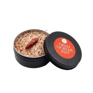 A round black metal container filled with 100g Cocktail Candy's hot Chilli Margarita cocktail salt