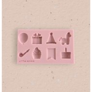 Pink silicon mould by Little Bikkie Sugarcraft with eight different party themed shapes