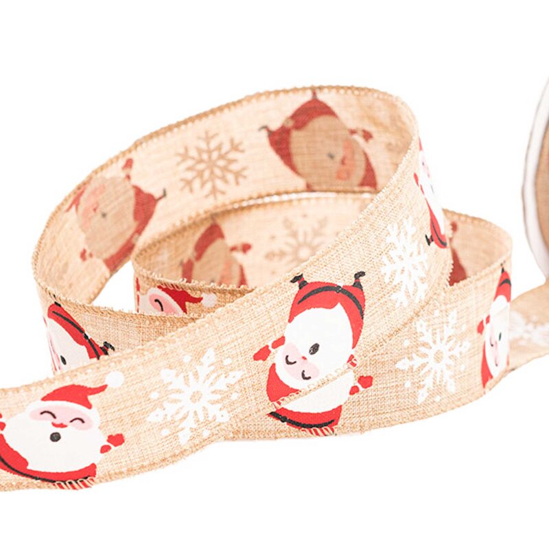 Christmas Wire Edge Ribbon - Natural Santa & Snowflake - 38mm x 10m ...